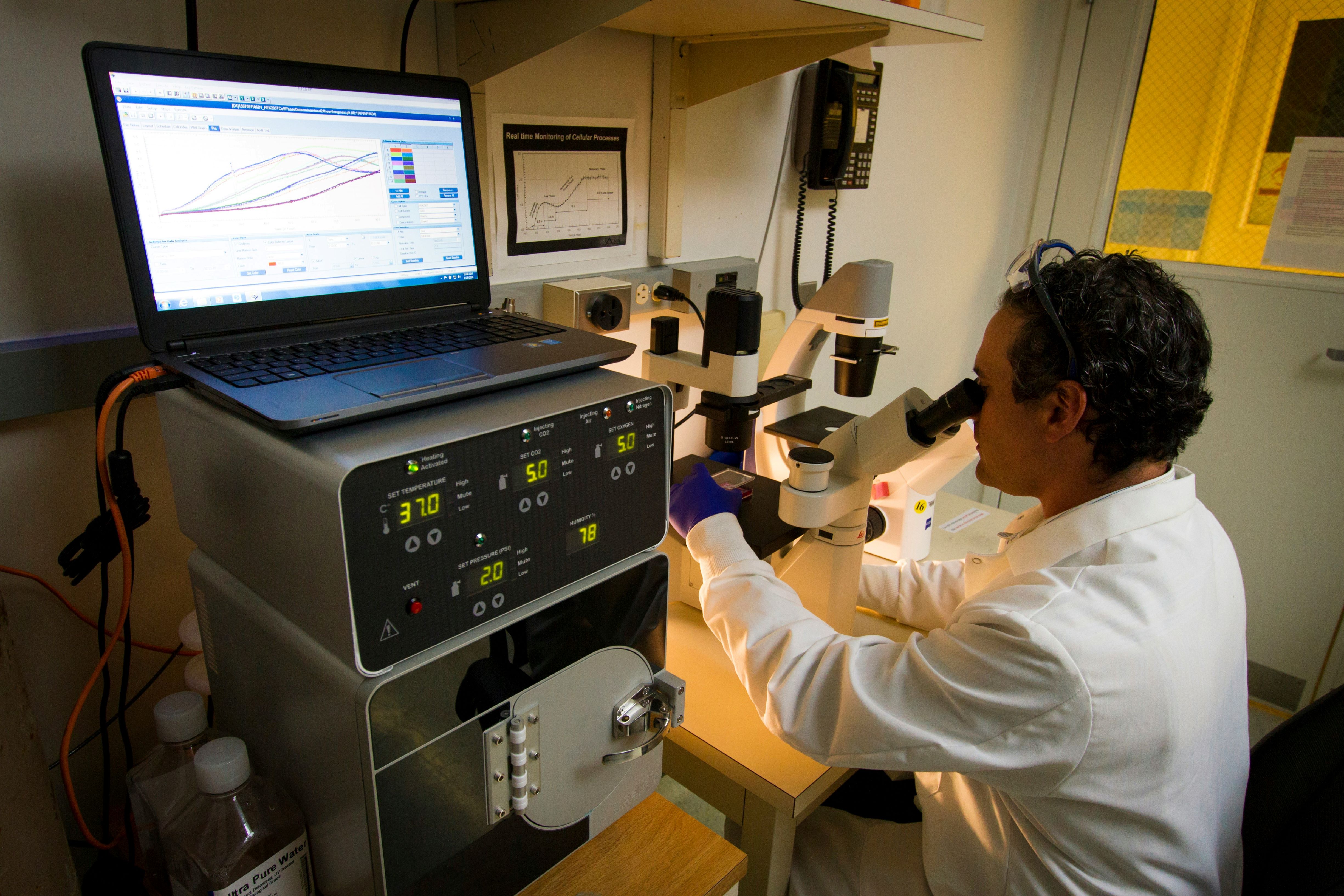 researcher at microscope